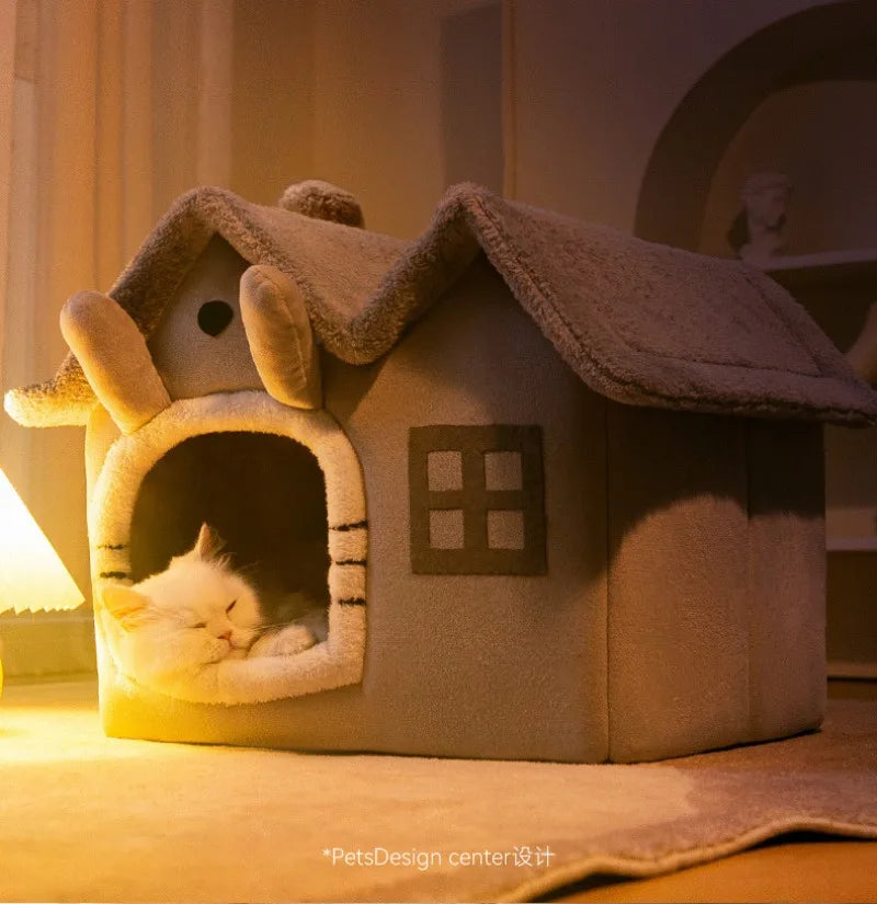 Foldable Luxury Pet House with Detachable Warm Mat