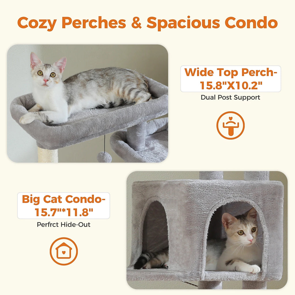 Large Cat Tree for Indoor Large Adult Cats, Multi-Level Cat Tower with Scratching Posts Super Large Hammock Cozy Condo Top Perch