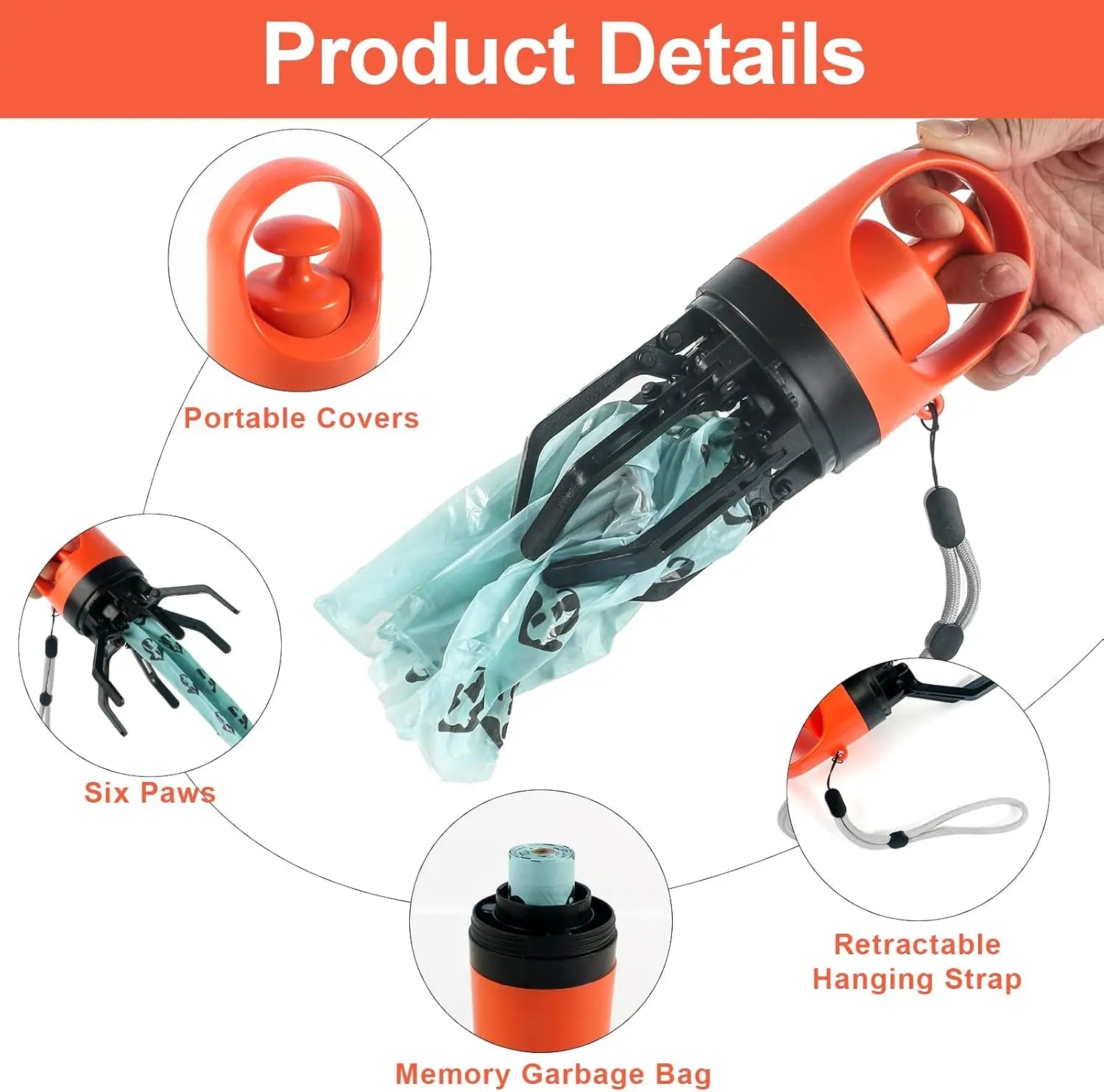 Dog Poop Scooper Set Claw Waste Picker with Leash Clip Poop Bag Dispenser LED Light Portable Hygienic Cleanup Tool for Pet Dogs