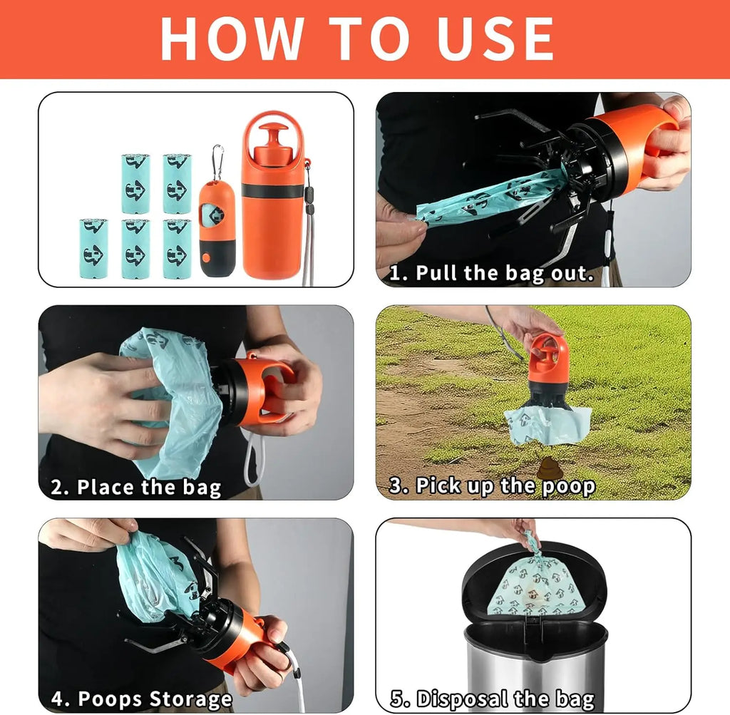 Dog Poop Scooper Set Claw Waste Picker with Leash Clip Poop Bag Dispenser LED Light Portable Hygienic Cleanup Tool for Pet Dogs