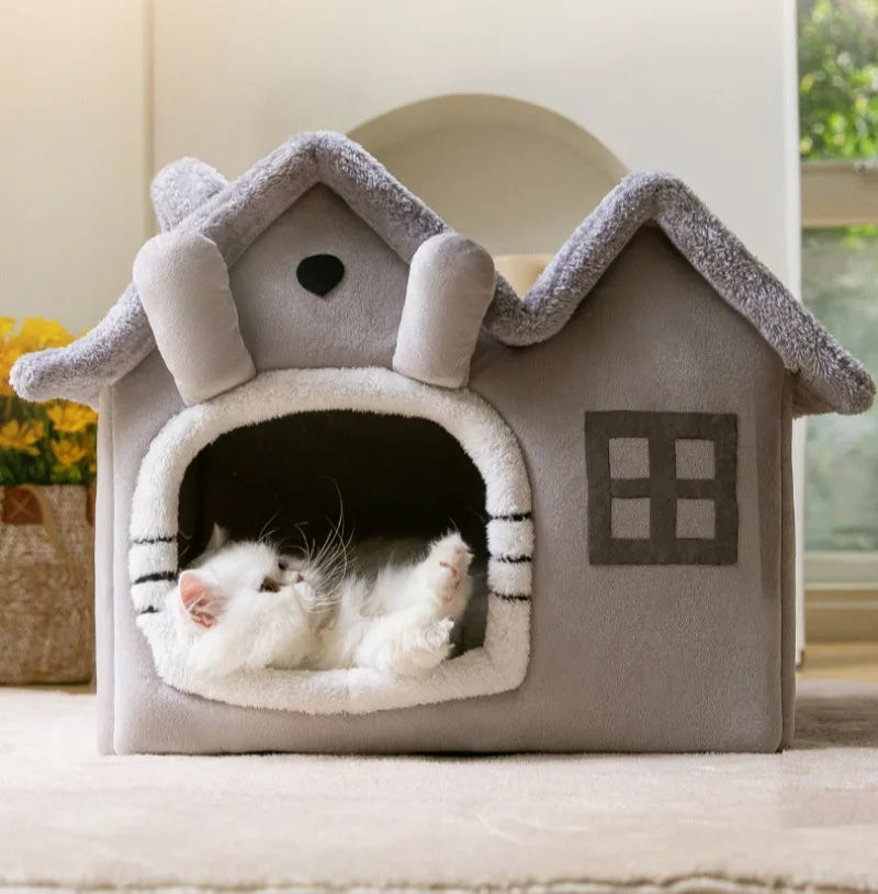Foldable Luxury Pet House with Detachable Warm Mat